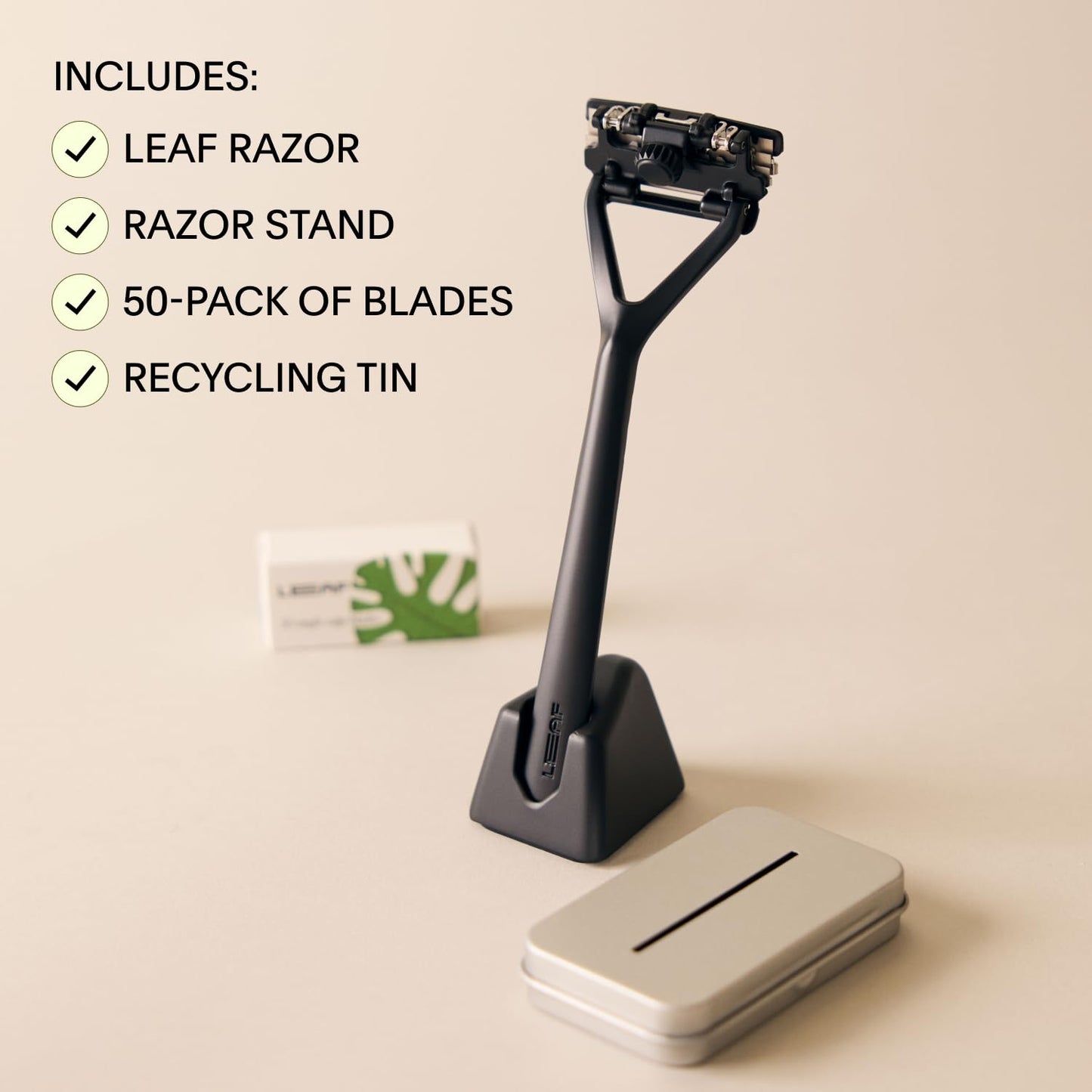 Leaf Shave | The Leaf Razor Set, Black - Includes 1x Leaf Razor, 1x Matching Stand, 1x 50-Pack of Single-Edge Blade Refills, and 1x Blade Bank