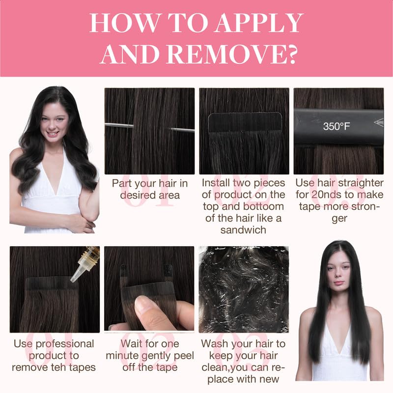 GOO GOO Tape in Hair Extensions Human Hair, 1B Natural black, 20inch 100g 40pcs, Thick Ends Straight Seamless Tape in, Invisible Tape in Hair Extensions Human Hair