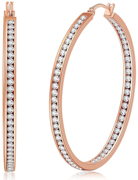 Large Rose Gold Stainless Steel Hoop Earrings for Women, Big Hypoallergenic Hoops Earring ARSKRO Huge Cubic Zirconia Rhinestone Crystal Basketball 50mm 2 inch Ear Ring Jewelry Gifts for Women Mens Sensitive Ears