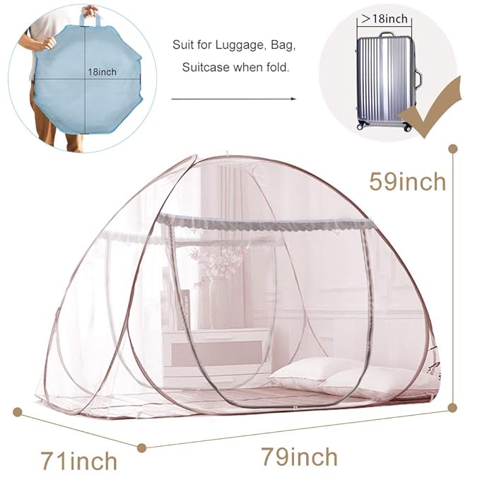 Portable Pop-Up Brown Mosquito Net Tent for Bed, L79 x W71 x H59 inch Large Folding Mosquito Netting with Net Bottom, 2 Entries, Suit for Twin to King Size Bed