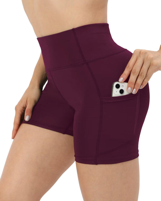 JCFSYXGS Workout Yoga Biker Shorts for Women with Pockets,Soft High Waisted Tummy Control Running Gym Shorts Wine Red
