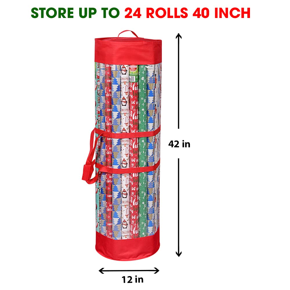 ProPik Gift Wrap Organizer, Wrapping Paper Storage Bag, Fits Holiday Papers 40 Inch Long, Holds Up To 24 Rolls, Heavy Duty Clear PVC Bag with Handles (Red & Clear)