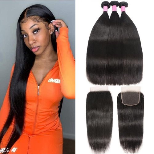 Brazilian Human Hair Bundles with Closure (22 24 26+20) 10A Straight Bundles with Closure 100% Unprocessed Virgin Quick Weave 3 Bundles Human Hair with Lace Closure Free Part