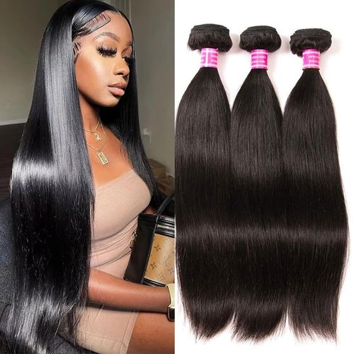 Brazilian Straight Hair 3 Bundles 10A 100% Virgin Unprocessed Human Hair Weave Extensions Brazilian Remy Straight Human Hair Bundles Natural Black Color (22 24 26 inch)