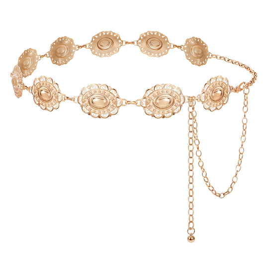 LEACOOLKEY Western Metal Concho Belt for Women Cowgirl Boho Waist Chain Belt for Dresses Jeans Pants