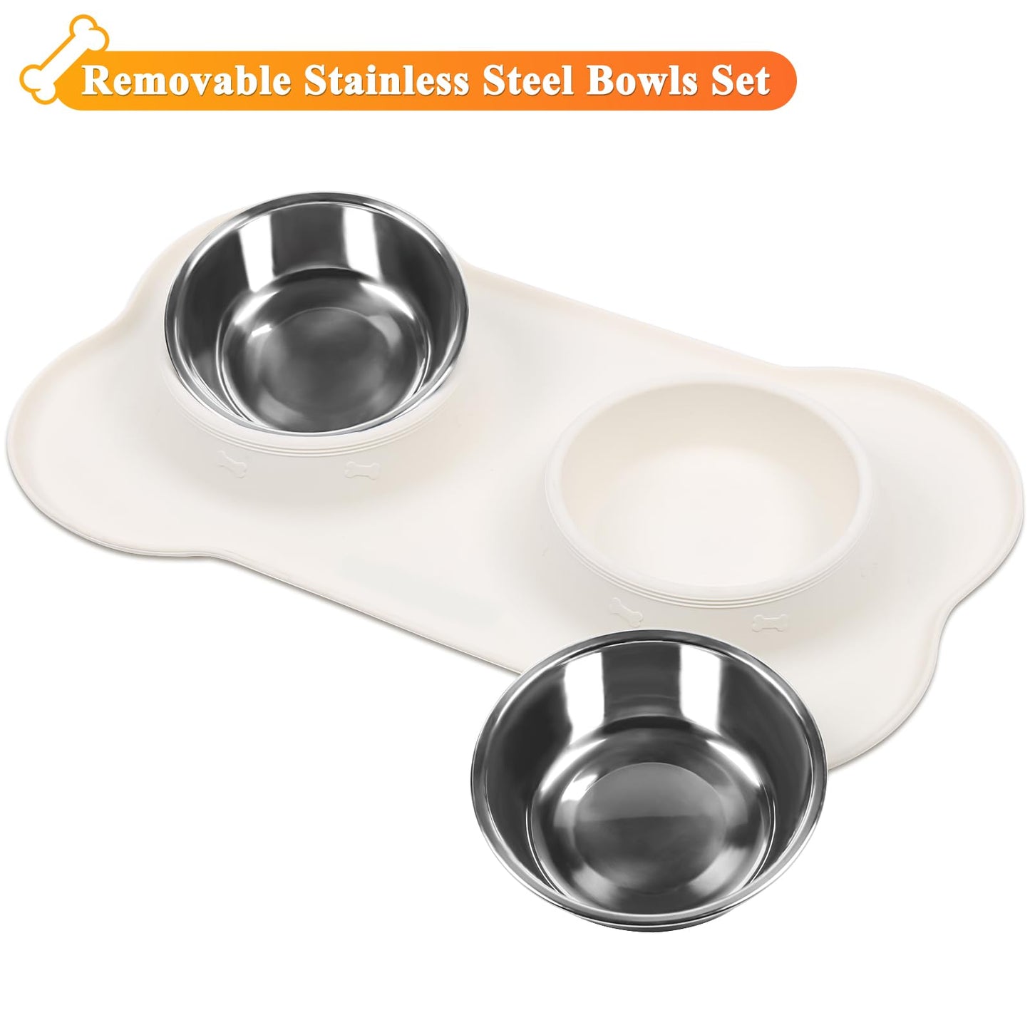 VIVAGLORY Dog Bowls, Dog Food Bowls, Stainless Steel Cat Puppy Water Bowls with Non Spill Skid Resistant Silicone Mat, Small, Ivory