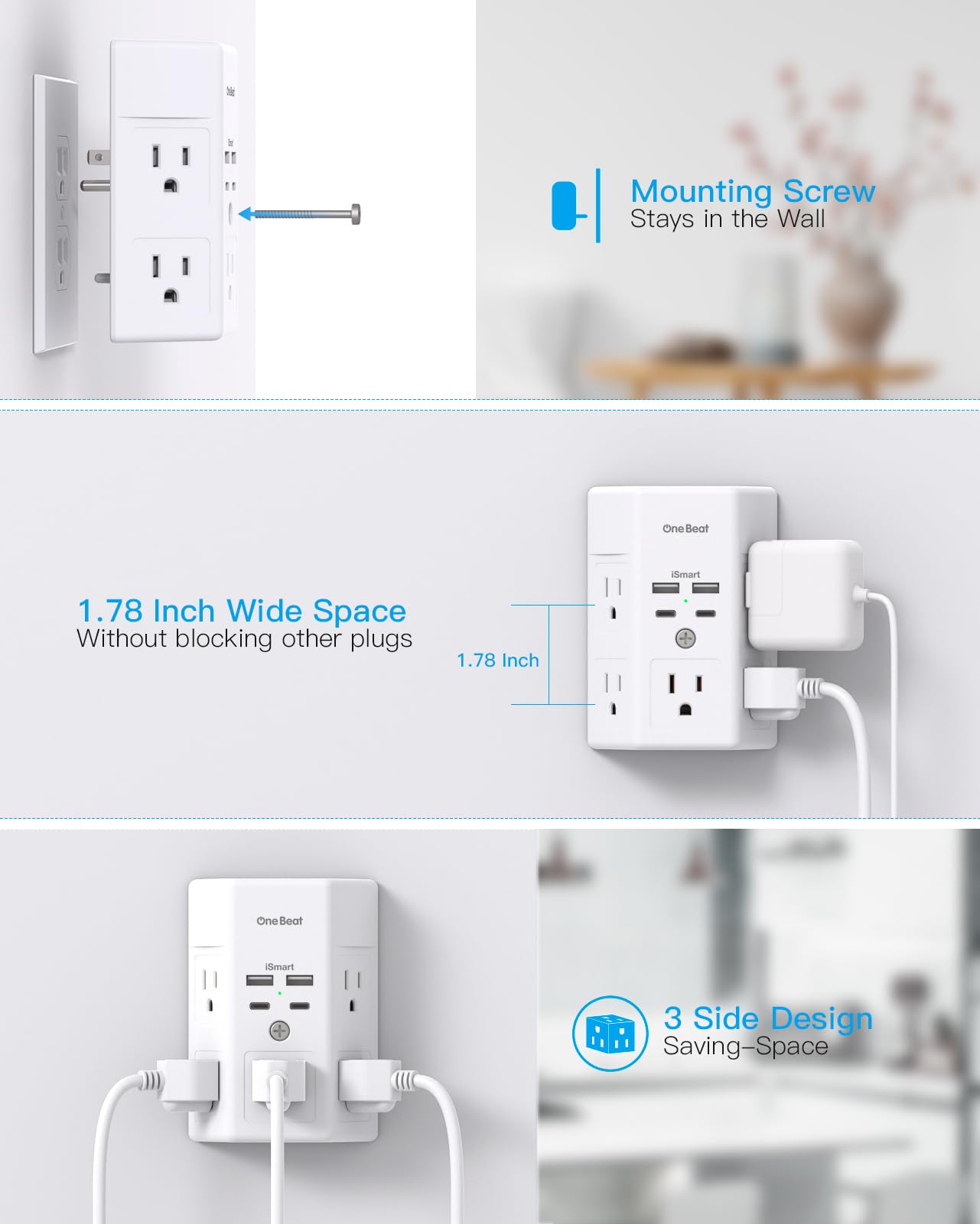 Multi Plug Outlet, Surge Protector, 5 Outlet Extender with 4 USB Charging Ports (2 USB C), USB C Wall Charger, 3-Sided 1800J Power Strip Outlets Splitter Wall Plug Adapter Spaced for Dorm Home Office