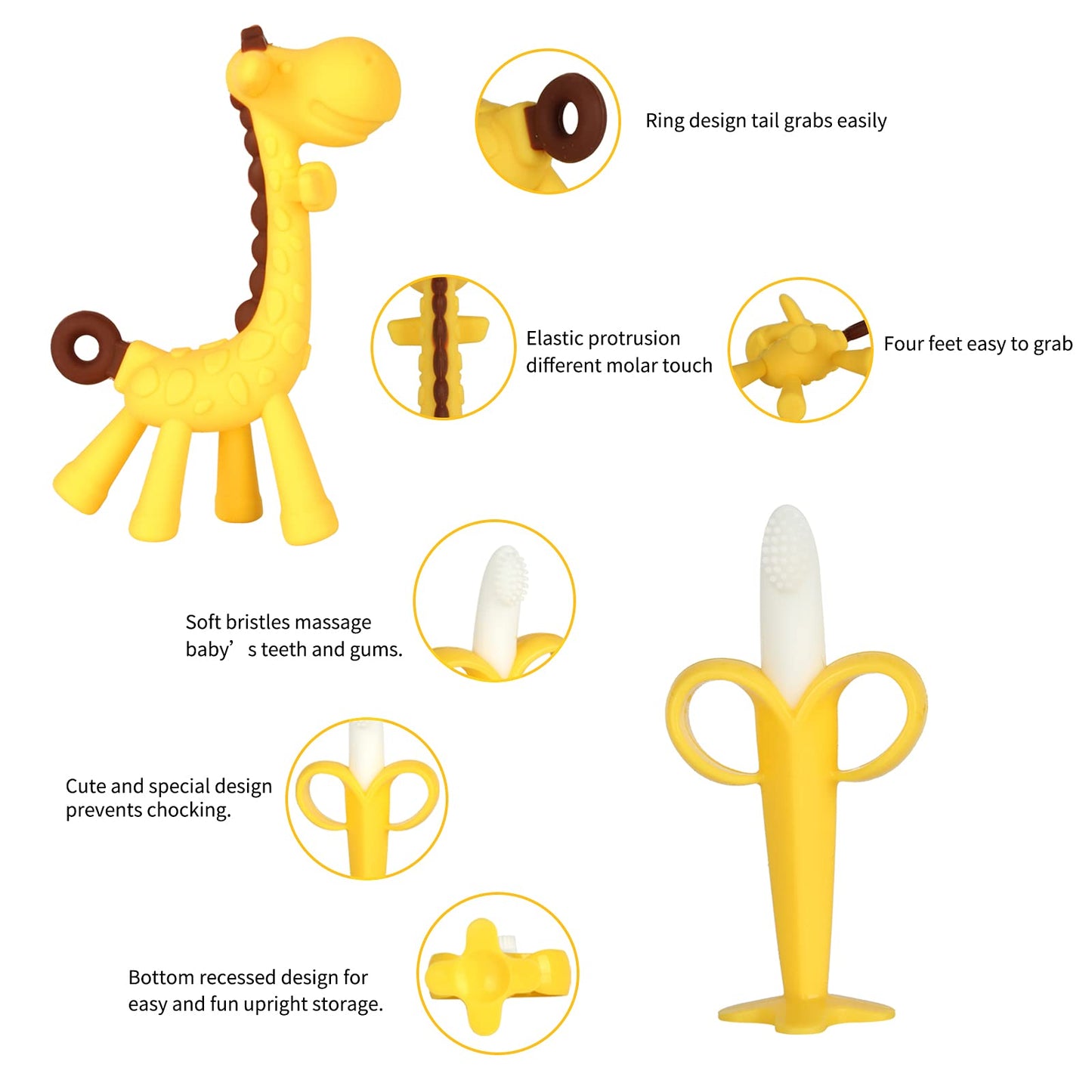 Haili XMGQ Baby Teething Toys 3-6 Months, Silicone Baby Teether Freezer BPA Free, Babies Teething Relief Sore Gums, Banana Finger Toothbrush, Fruit Shape Giraffe Teether for Infant Boys and Girls