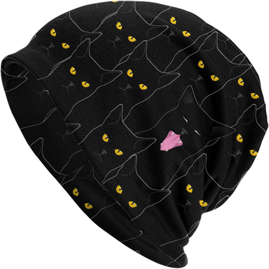 Fun Black Cat Beanie for Women Men, Warm Soft Stretch Knitted Beanies Hat Lightweight Casual Slouchy Chemo Cap Cancer Headwear Gifts