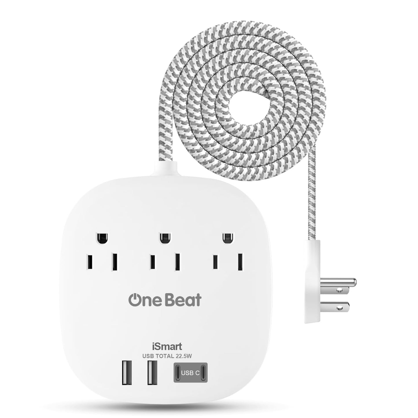 One Beat Flat Plug Power Strip, 5ft Flat Extension Cord, 3 Outlets 4 USB Ports (2 USB C) 22.5W/4.5A Desktop Charging Station Cruise Ship Power Strip No Surge Protection, Dorm Room Travel Essentials