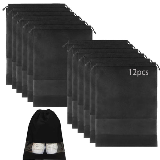12pcs Non-woven Shoe Bags for Travel 12.6" X 17.3" Portable Shoe Bags with Clear Window, Large Drawstring Dustproof Travel Shoe Storage Bag for Men & Women, Black,XL Size
