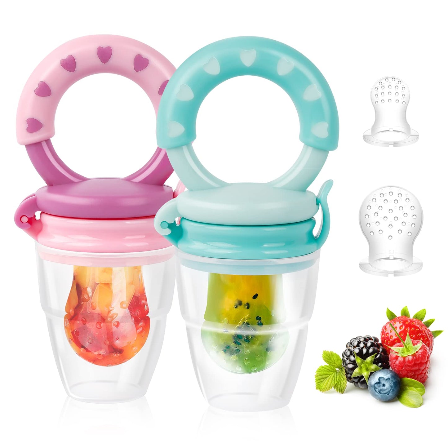Baby Solids/Frozen Fruit Feeder Pacifier, Infant Teether Toy 4M+, BPA-Free Silicone Pouch & Nipple, Safely Introduce Solids, Teething Relief, 2-Pack (Ring - Purple Mint Green, S/M/L)