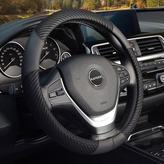 KAFEEK Steering Wheel Cover, Universal 15 inch, Microfiber Leather, Anti-Slip, Odorless, Black Lines