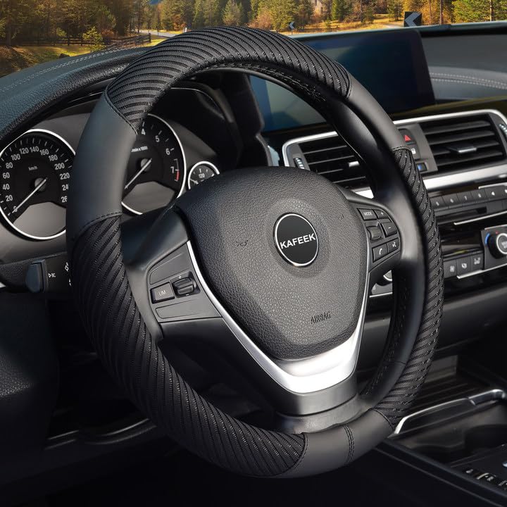 KAFEEK Steering Wheel Cover, Universal 15 inch, Microfiber Leather, Anti-Slip, Odorless, Black Lines