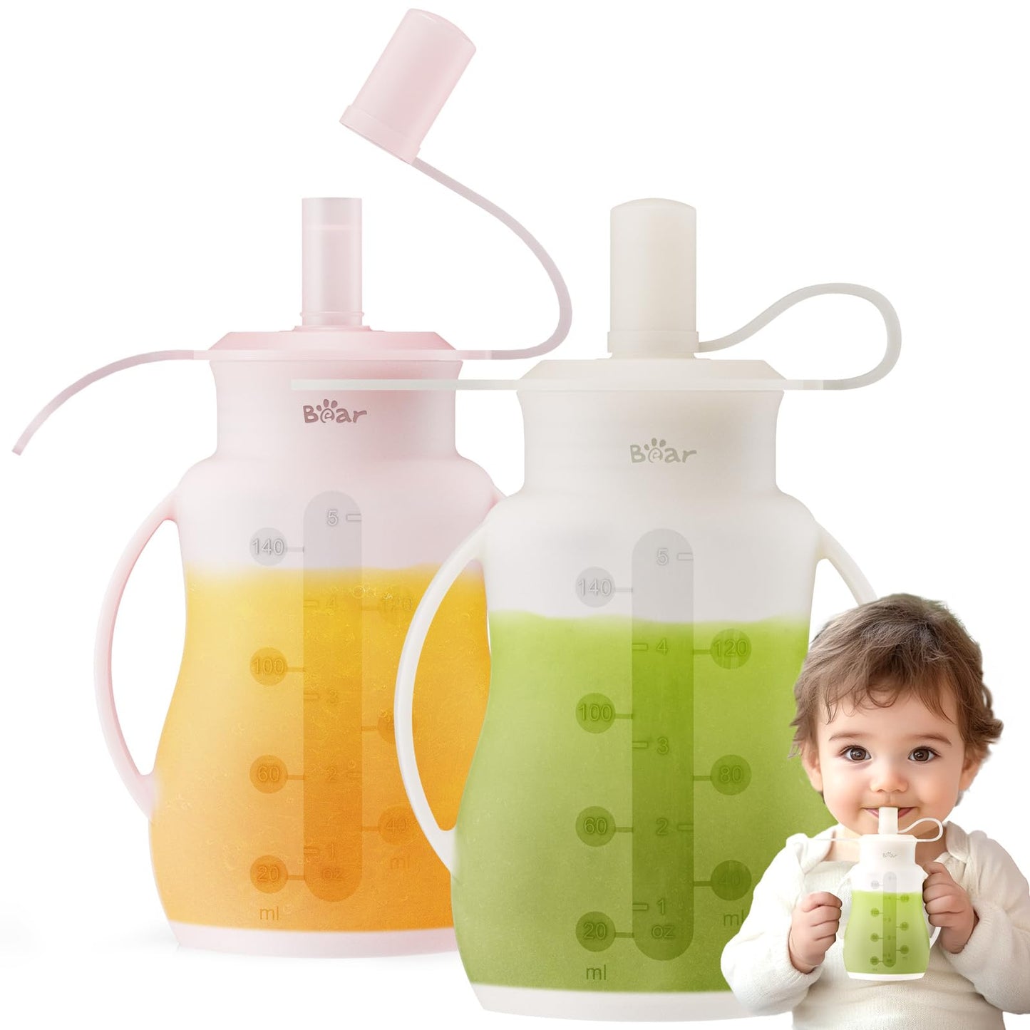 Bear Reusable Silicone Baby Food Pouches, 2 Pack Refillable Squeeze Pouch for Toddlers, Baby Food Containers Dishwasher&Freezer Safe | Make Homemade Organic Food for Babies, 5oz, 6m+