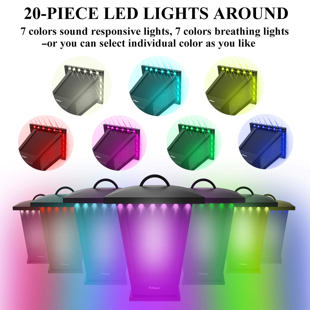 pohopa Bluetooth Speakers Waterproof, 2 Packs True Wireless Stereo Sound 20W Dual Pairing Lantern Outdoor Speakers with 20 Piece Sound Responsive LED Color Lights, Richer Bass, Black