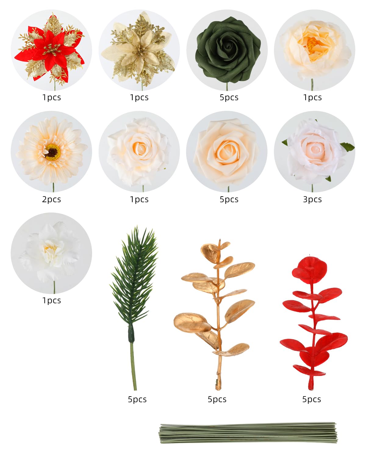 Senseya Artificial Christmas Flowers Poinsettia Combo Set, Mix Silk Flowers Fake Roses with Stems, for DIY Tree Ornaments Xmas Wreath Floral Arrangements Centerpieces Home Christmas Decorations