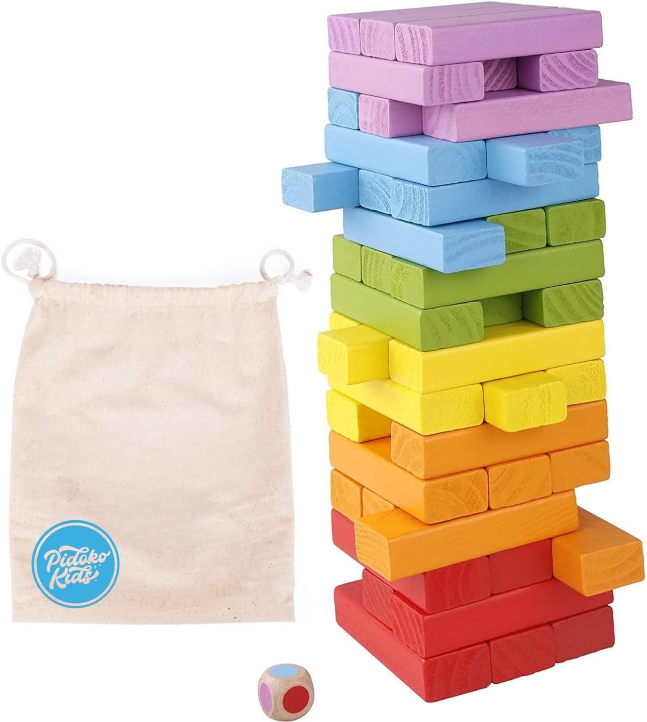 Pidoko Kids Wooden Stacking Building Blocks (49 Pcs) - Colorful Tumbling Blocks Board Games for Family Game Night - Montessori Toys Gifts, Includes Storage Bag
