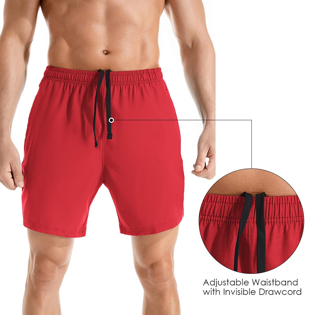 Gerlobal Men's 7" Athletic Running Shorts Lightweight Quick Dry Gym Workout Shorts with Zipper Pockets Red,Large