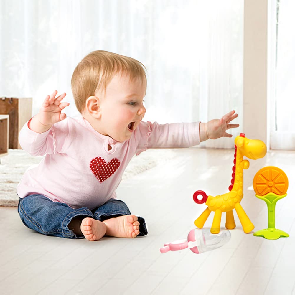 HONGTEYA Teething Toys for Babies 0-6 Months 6-12 Months 6 Pack- 4 Teethers for Babies Baby 2 Fruit Feeders for Newborn Infants BPA Free Natural Organic Freezer Silicone Baby Teethers Set