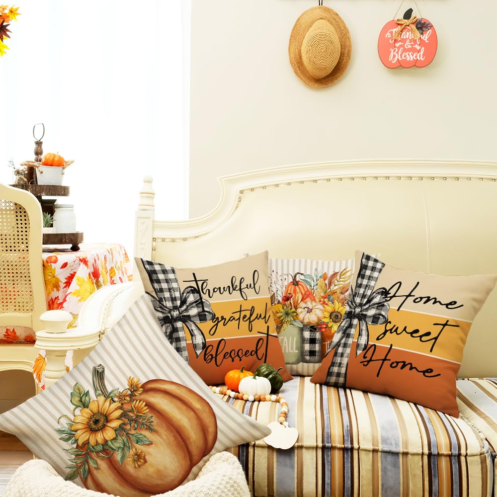 GEEORY Fall Pillow Covers 18x18 Inch Set of 4, Pumpkins Mason Jars Home Sweet Home Striped Seasonal Decorative Throw Pillows Farmhouse Autumn Thanksgiving Decorations for Home Decor (Orange)