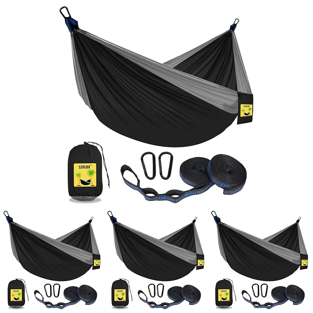 SZHLUX Camping Hammock Double & Single Portable Hammocks with 2 Tree Straps and Attached Carry Bag,Great for Outdoor,Indoor,Beach,Camping,Light Grey / Sky Blue
