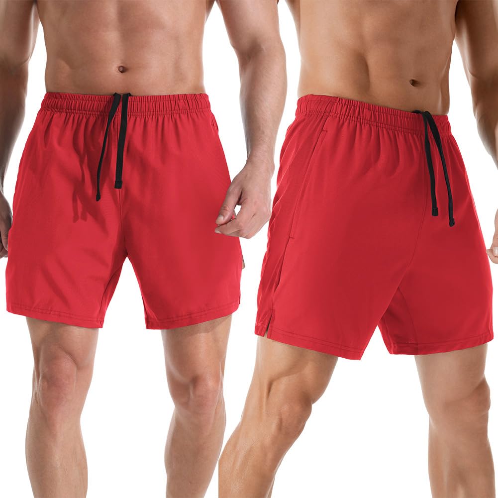 Gerlobal Men's 7" Athletic Running Shorts Lightweight Quick Dry Gym Workout Shorts with Zipper Pockets Red,Large
