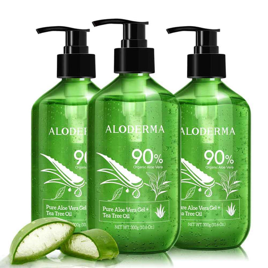 Aloderma Organic Aloe Vera Gel for Skin + Tea Tree Oil, Made within 12 Hours of Harvest, Soothing Pure Aloe Vera Gel for Face, Works Great for Scalp & Aftershave, All Natural Aloe Gel - 300ml x 3btl