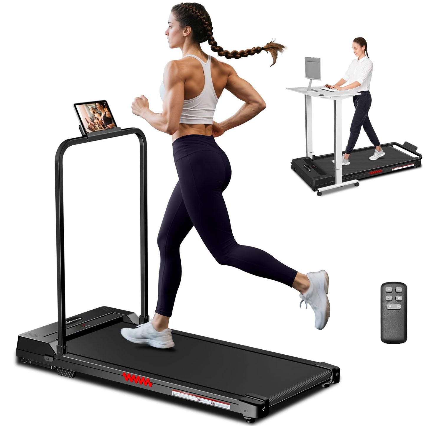 Walking Pad with Handle Bar, Portable Treadmills for Home Small Spaces, 3.0 HP Foldable Folding Walking Pad Treadmill with Handles, Running Machine with Remote Control, 300LBS Capacity