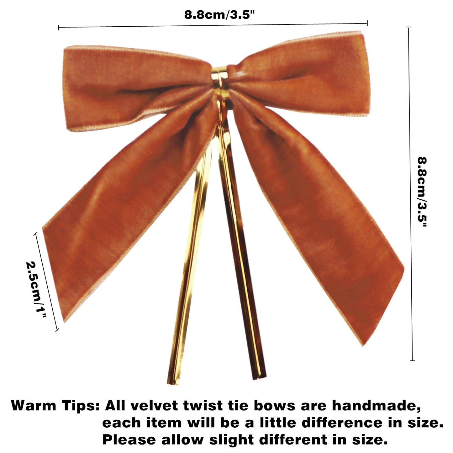 30 PCS Velvet Twist Tie Bows, Small 3.5x3.5 Inch Velvet Christmas Bows, Premade Bow Ribbon Long Tail Bow for Gift Wrapping, Christmas Tree, DIY Crafts, Wreaths, Garlands, Staircase (Camel)