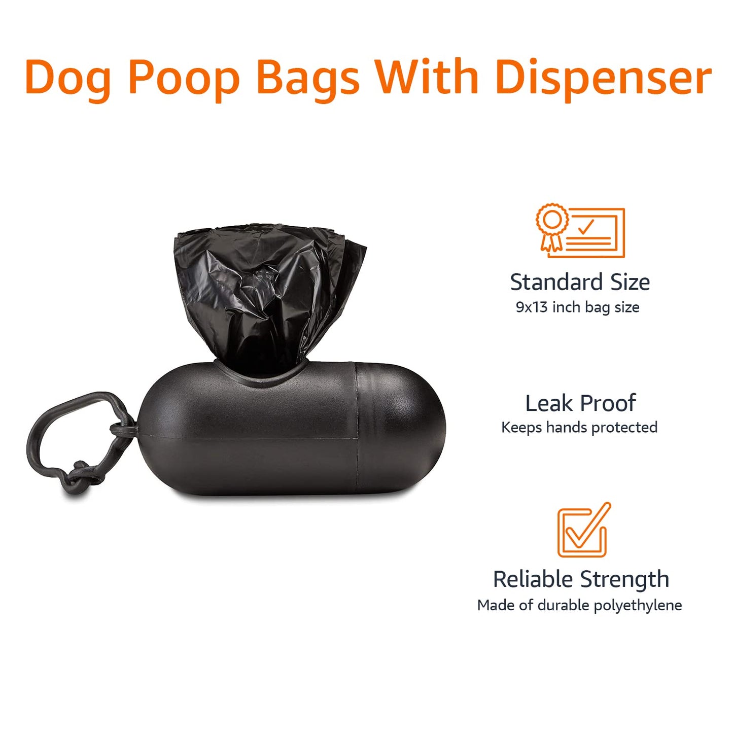Amazon Basics Dog Poop Leak Proof Bags with Dispenser and Leash Clip, Unscented, 300 Count, 20 Pack of 15, Black, 13 x 9 Inch