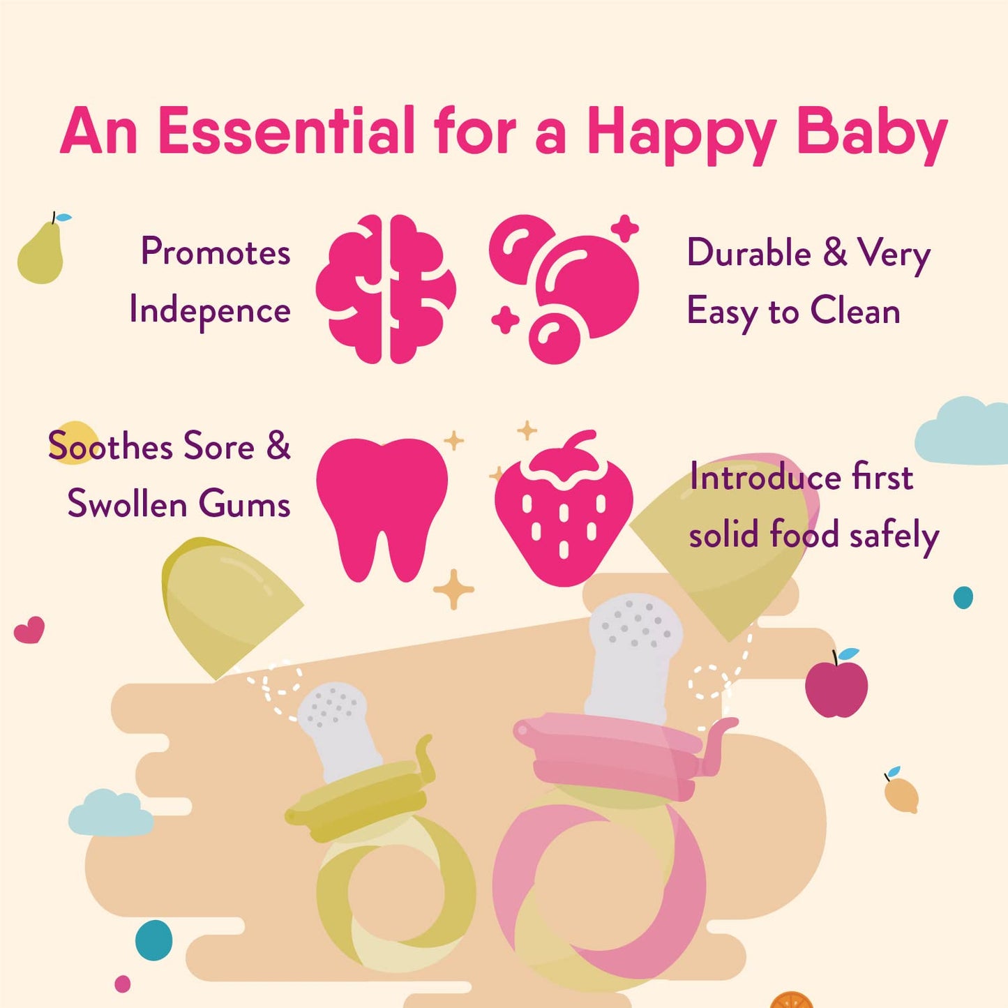 NatureBond Baby Food Feeder/Fruit Feeder Pacifier Nibbler (2 Pack) - Infant Teething Toy Teether Weaning in Appetizing Colors | + Additional Silicone Sacs