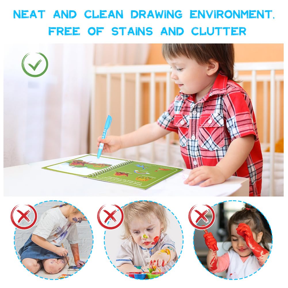 OSDUE Water Coloring Book for Toddler, 6 Pack Water Painting Book for Toddlers, Paint with Water Books, Educational Learning Doodle Toy, Reusable No-Mess Art Book Travel Toys & Xmas Gift for Kids