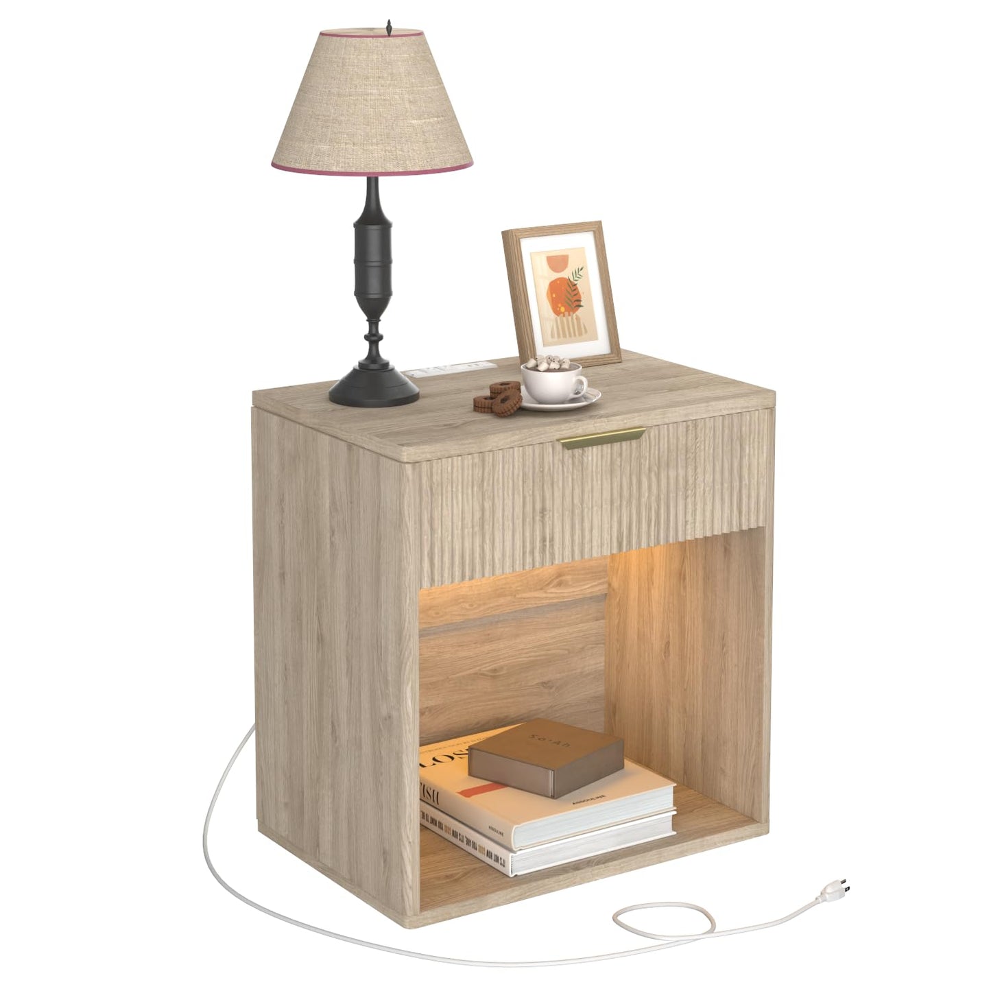 EROMMY Fluted Nightstand with Charging Station, 23” Wide Modern Bedside Table with Drawer, Mid Century Nightstand End Table for Bedroom, Curved Profile, Natural Oak