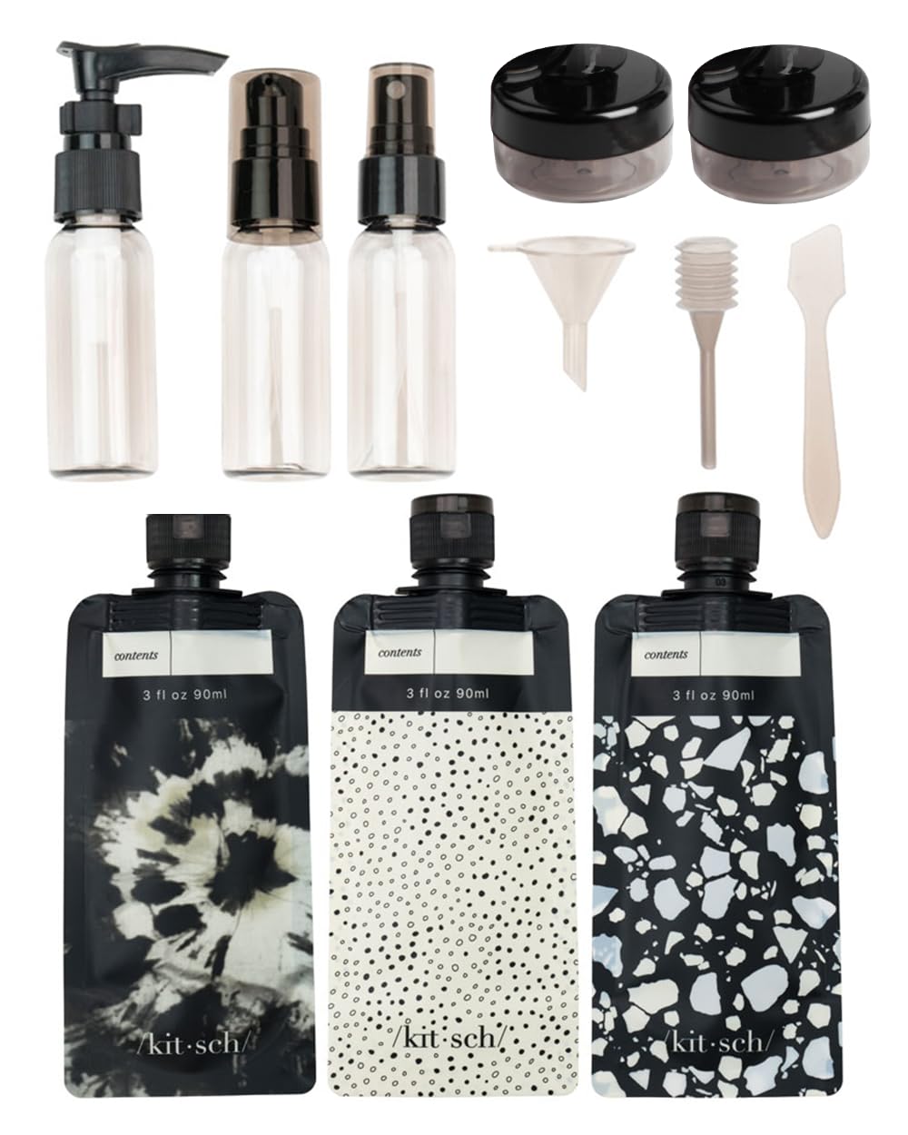 Kitsch 11 PCS Travel Bottles for Toiletries – Travel Essentials Kit for Shampoo, Conditioner, Lotion & More - TSA Approved Travel Bottles, Leak-Proof Refillable Travel Size Containers - Black & Ivory