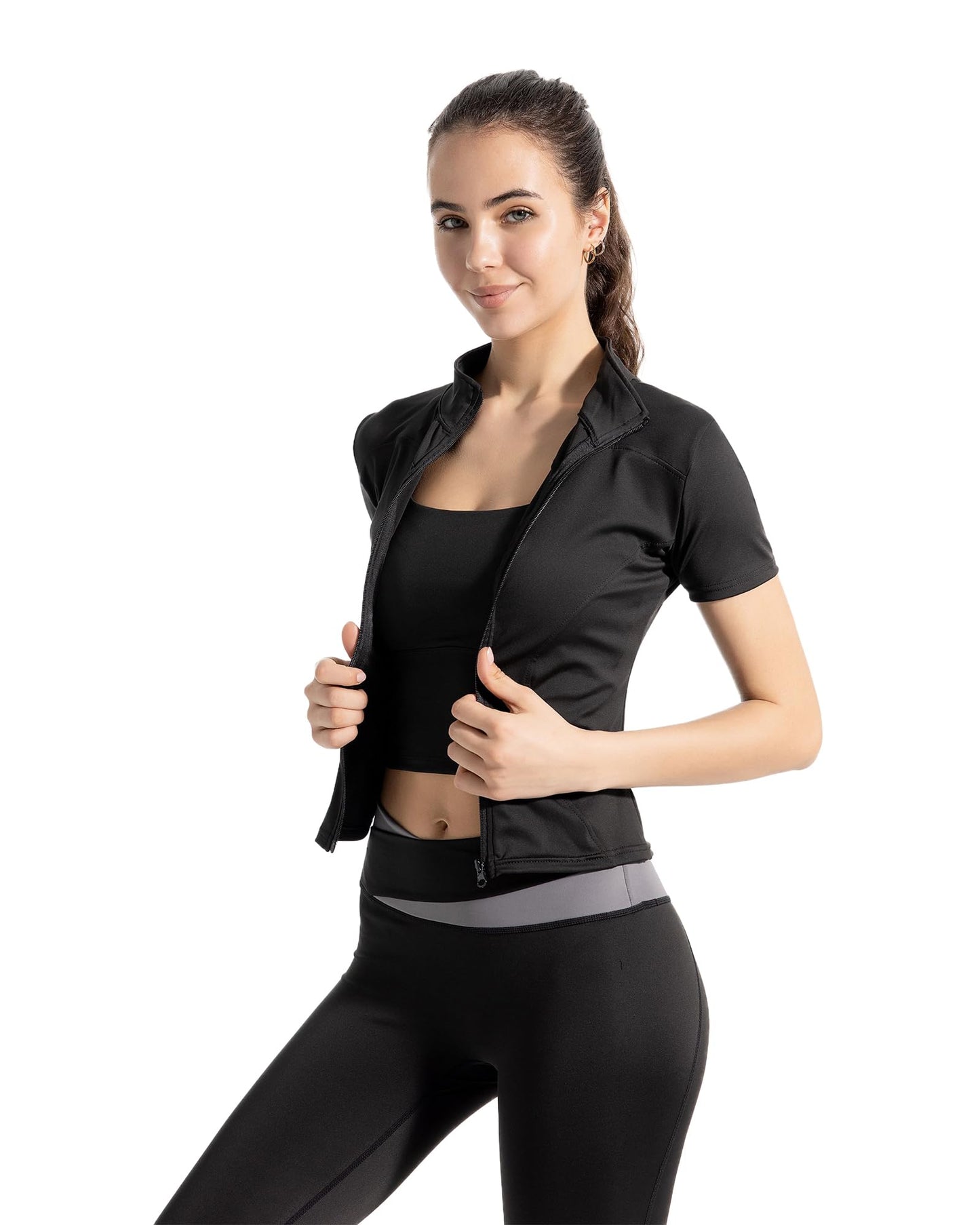 miswek Women's Short Sleeve Slim Fit Athletic Jacket Full Zip Workout Tops Solid Color Fitness Clothing(Black L)