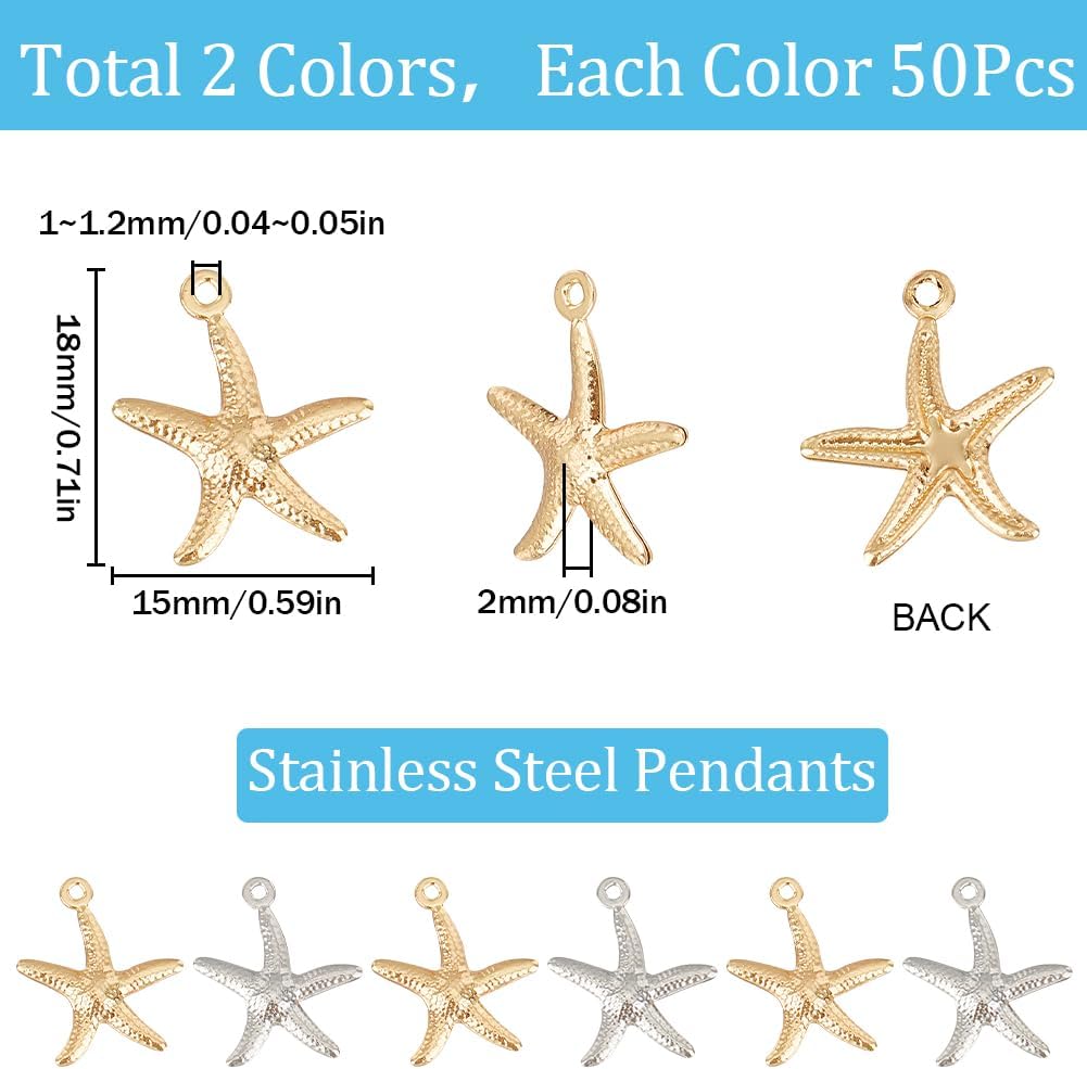 SUNNYCLUE 1 Box 100Pcs Starfish Charms Ocean Pendants Bulk Stainless Steel Silver Real 24K Gold Plated Starfish Charms for Jewelry Making Supplies DIY Crafting Necklace Bracelet Earring