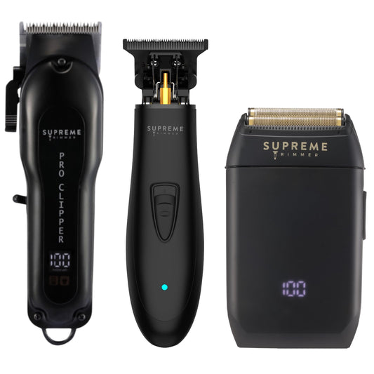 Supreme Trimmer 3-in-1 Barber Bundle | Pro Clipper, T-Shaper Trimmer & Crunch Foil Shaver | Professional Beard Trimmer Men’s Hair Clipper Kit | Black