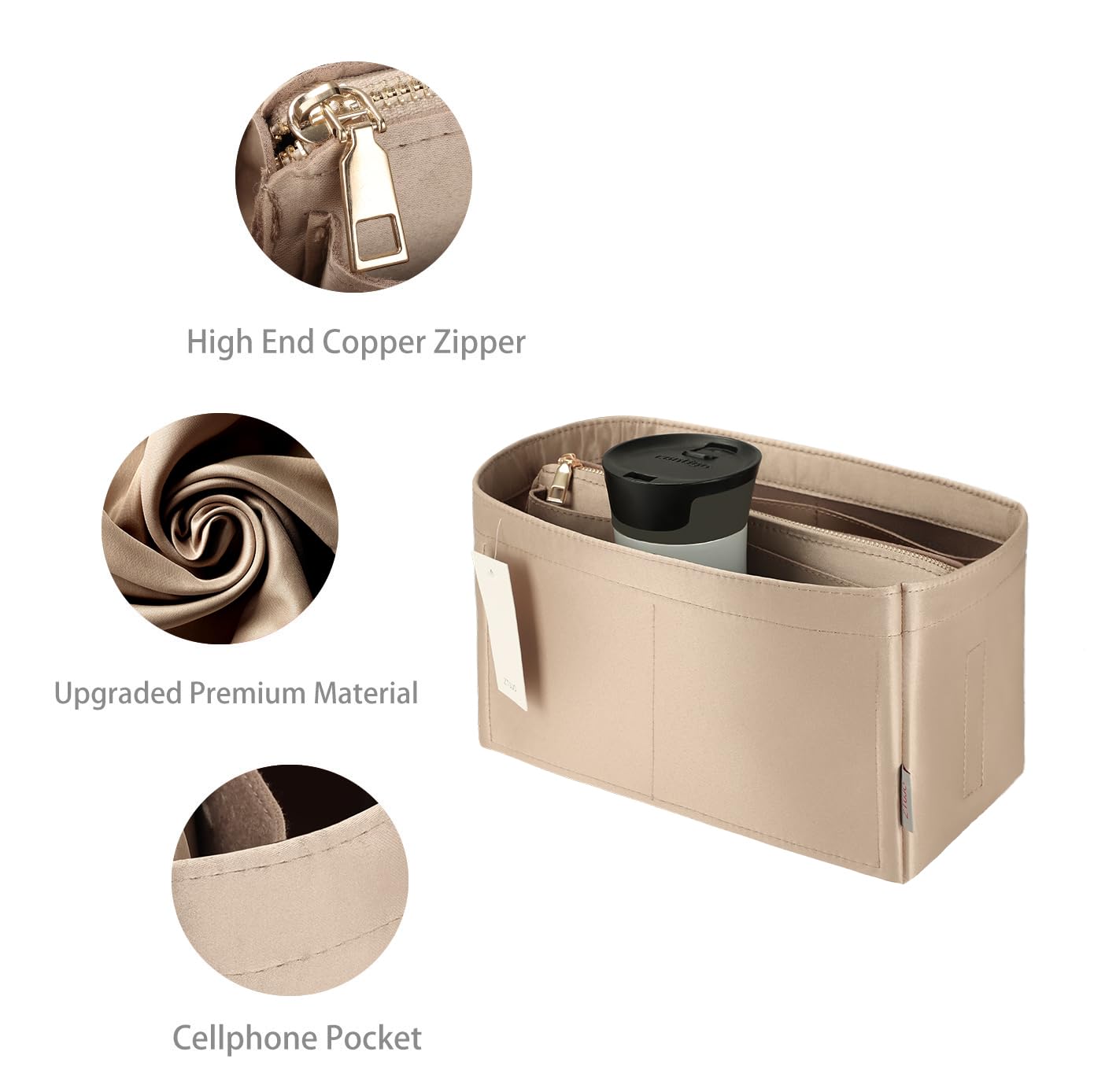 Purse Organizer Insert For Handbags, Purse Organizer With Zipper, Neverfull Organizer, Bag Organizer For Speedy Neverfull ONTHEGO Tote, Handbag and More (Silky Beige, small)