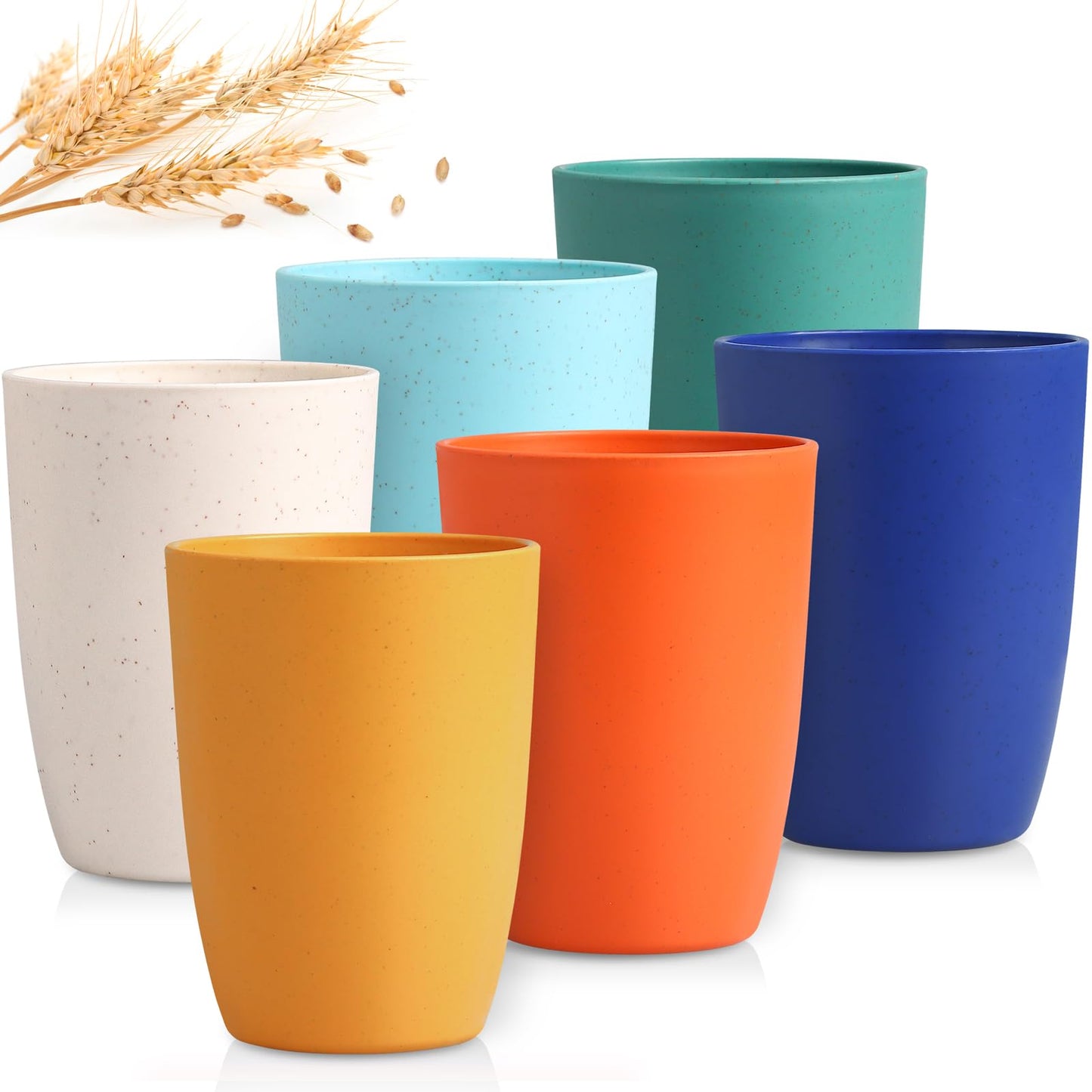 12 OZ Wheat Straw Cups Reusable Drinking Tumblers, Unbreakable Cups for Kitchen - BPA Free, Dishwasher Safe, Set of 6, Multicolor