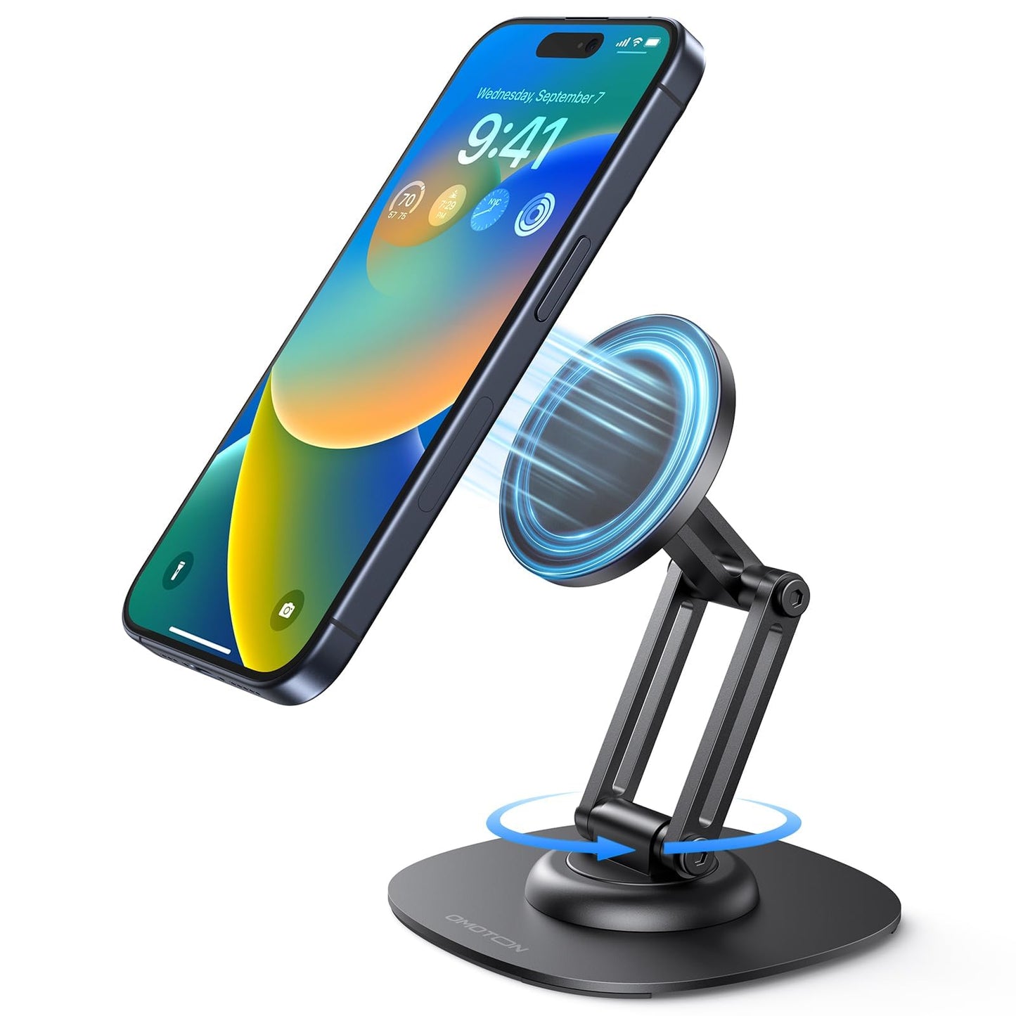 OMOTON 360°Rotating Magnetic Phone Stand for Desk, Adjustable Foldable Aluminum for MagSafe Cell Phone Stand Holder with Non-Slip Base, for iPhone 16/15/14/13 Pro Max/MagSafe Case- Black
