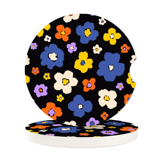 Abstract Black Flower Absorbent Car Cup Coasters,Cup Holders,Cork Base Drink Coasters with Finger Notch for Easy Move of Car Cup Holder for Women Men 2.6"(2 Pieces)