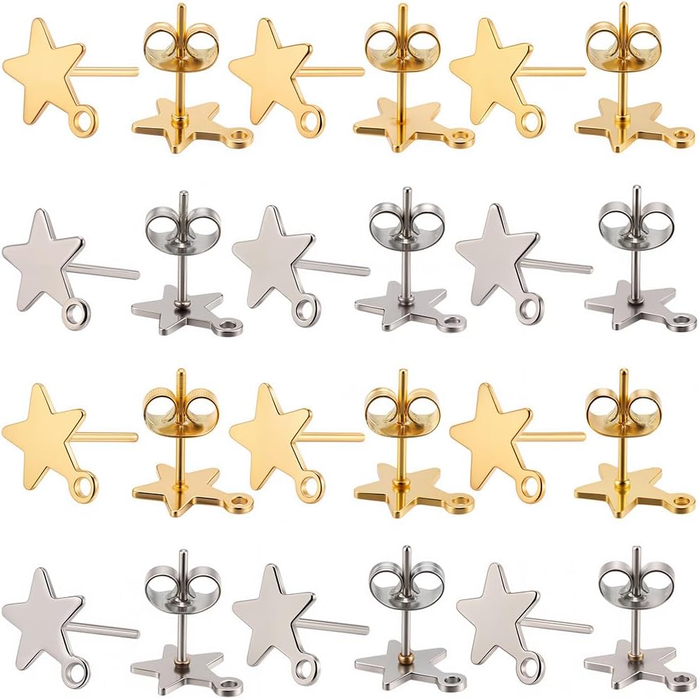 SUNNYCLUE 1 Box 60Pcs Star Earrings Post Earring Posts with Loop & 80Pcs Stainless Steel Ear Backs Real 18k Gold Plated Five Pointed Stars Earring Studs Findings for Jewelry Making Supplies DIY Craft