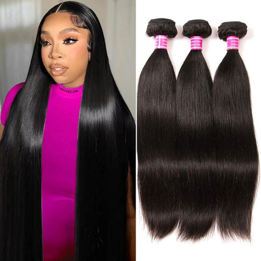 QinMei Brazilian Straight Hair 3 Bundles 10A 100% Virgin Unprocessed Human Hair Weave Extensions Brazilian Remy Straight Human Hair Bundles Natural Black Color (20 22 24 inch)