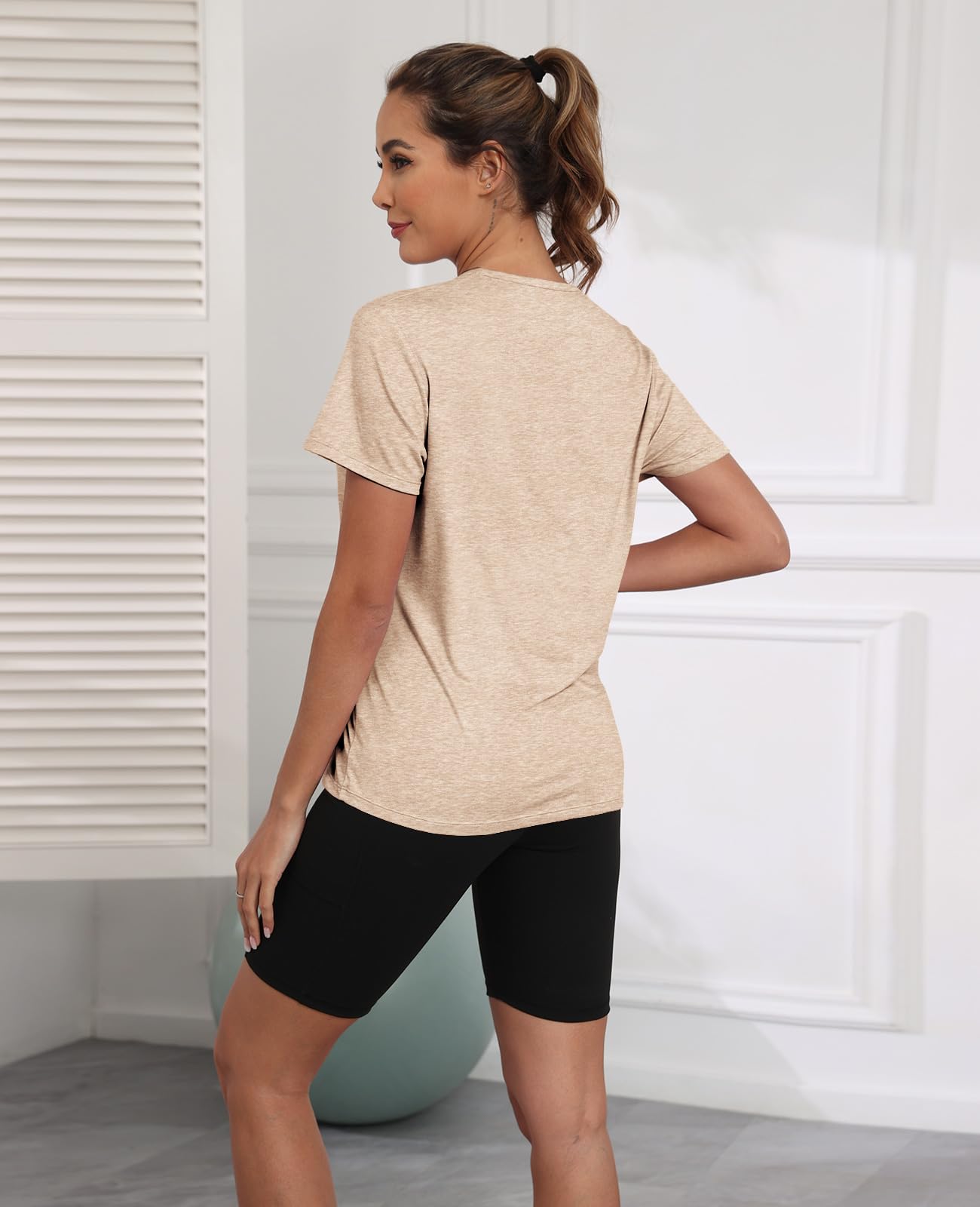 Mazulun V Neck Workout Tops for Women UPF 50+ Breathable Loose Fit Short Sleeve Tee Shirt Yoga Gym Basic T Shirts Cream S