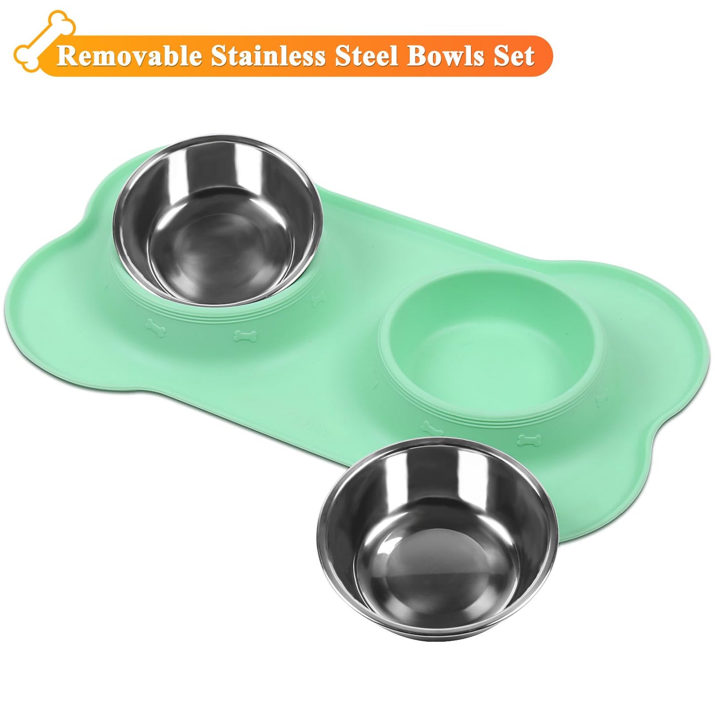 VIVAGLORY Dog Bowls, Stainless Steel Cat Puppy Dogs Water Food Bowls with Non Spill Skid Resistant Silicone Mat, Small, Mint Green