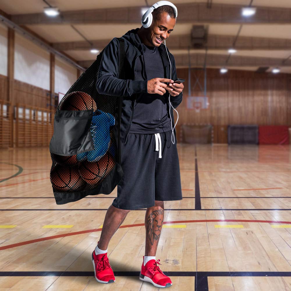 BROTOU Thickened Extra Large Sports Ball Bag Mesh Socce Ball Bag Heavy Duty Drawstring Bags Team Work for Holding Basketball, Volleyball, Baseball, Swimming Gear with Shoulder Strap