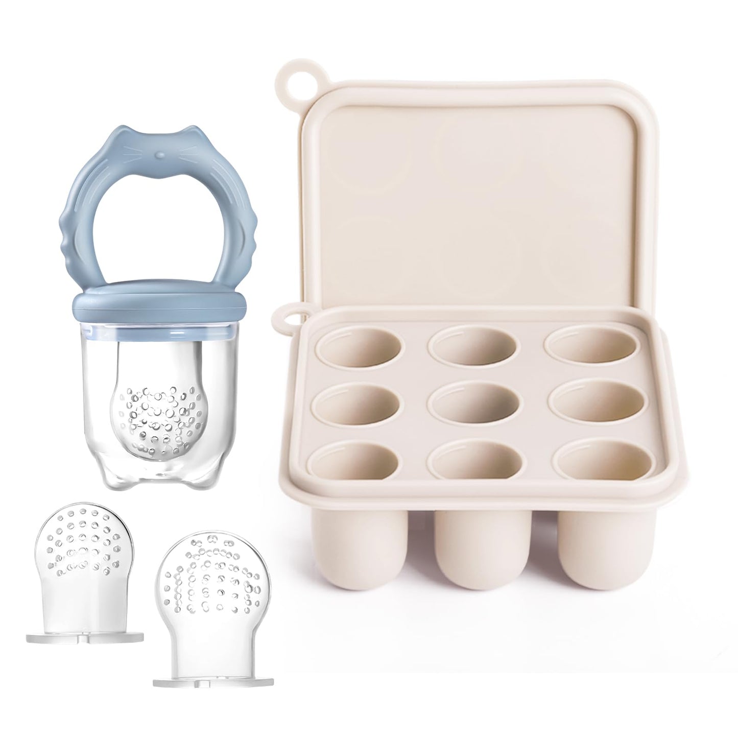 Qkie Silicone Baby Food Feeders & 1 Baby Food Freezer Tray & 2 Extra Pouches- Safe Introduction to New Foods, Frozen Milk & Puree - Ideal for Infants and Toddlers