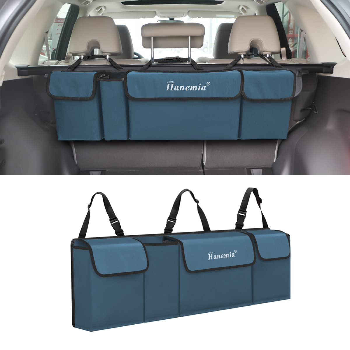 Car Trunk Organizer and Storage, Backseat Hanging Organizer for SUV, Truck, MPV, Waterproof, Collapsible Cargo Storage Bag with 4 Pockets, Car Interior Accessories for Men and Women (Black)