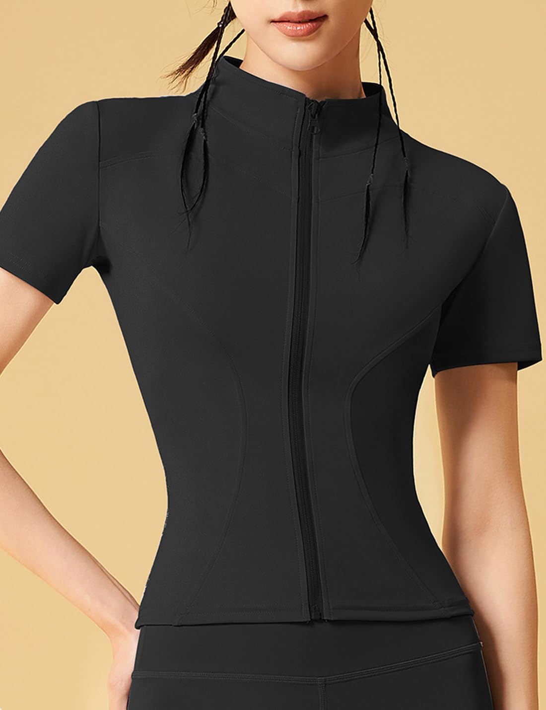 COWOKA Women's Workout Jacket Slim Fitness Casual Short Sleeve Sports coat Yoga Tops Black XL